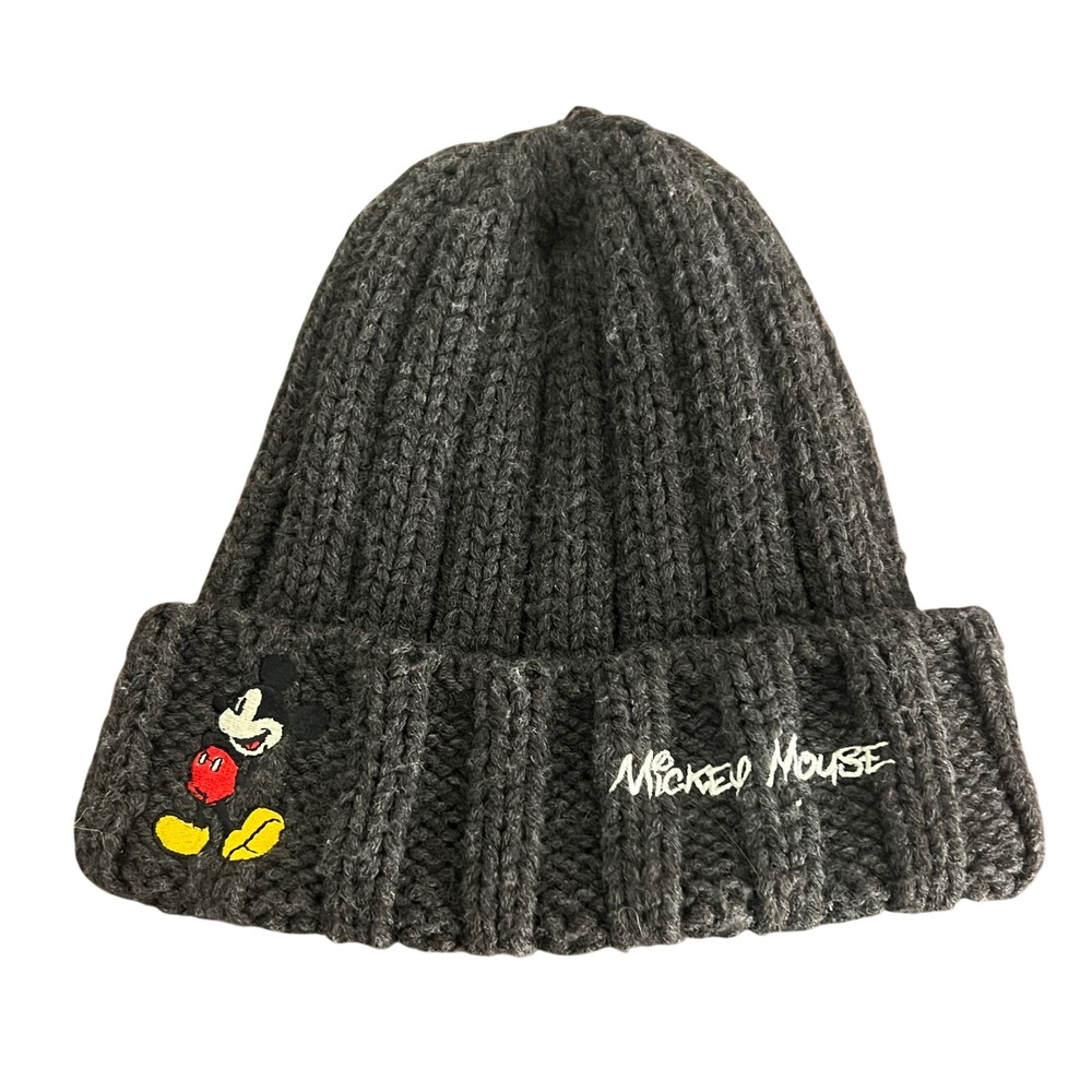 Disney Mickey Mouse Dark Gray/Black Ribbed Knit Cuffed Beanie Hat